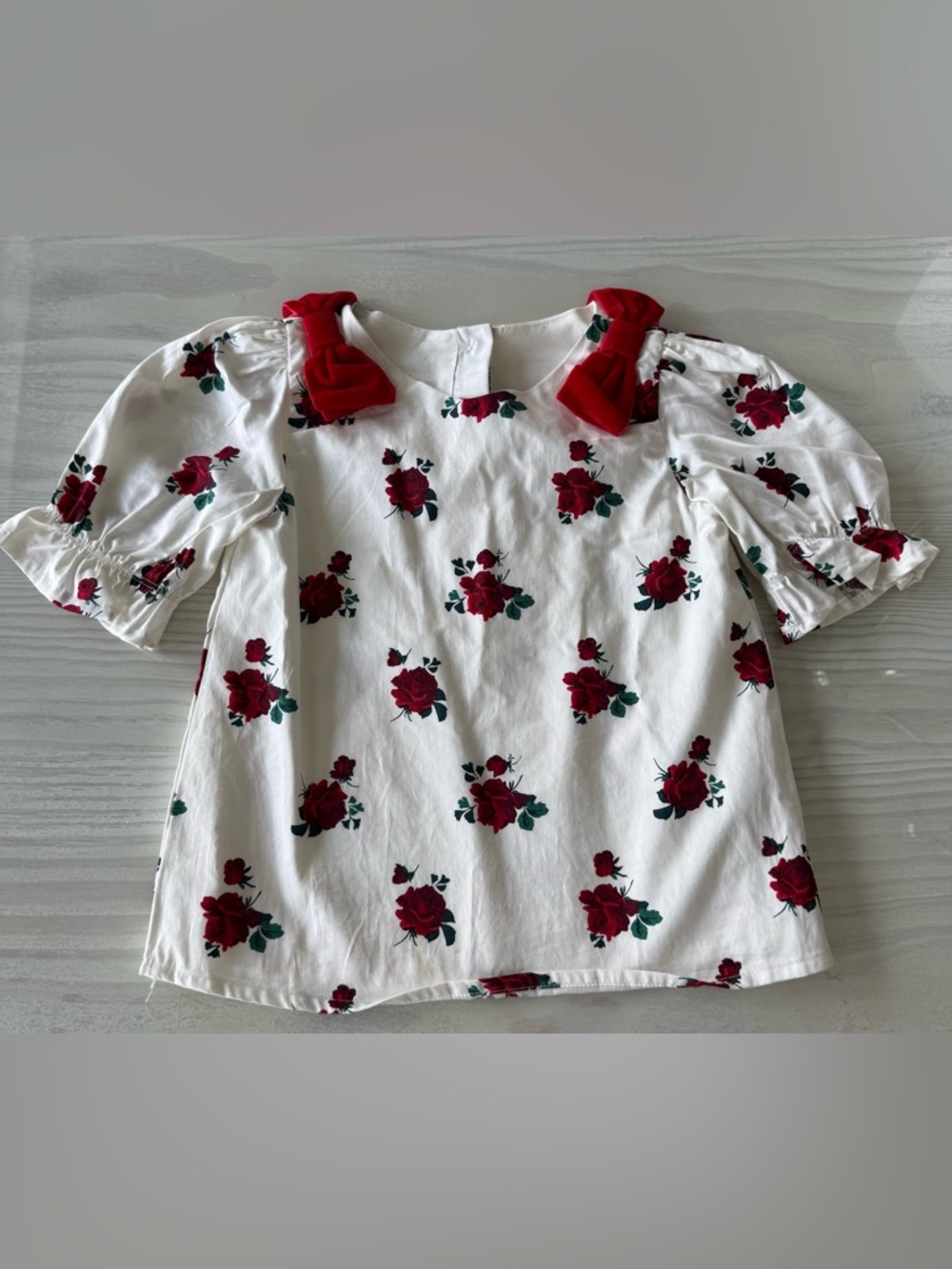 Janie and Jack White Floral Puff-Sleeve Top with Red Bow Shoulders